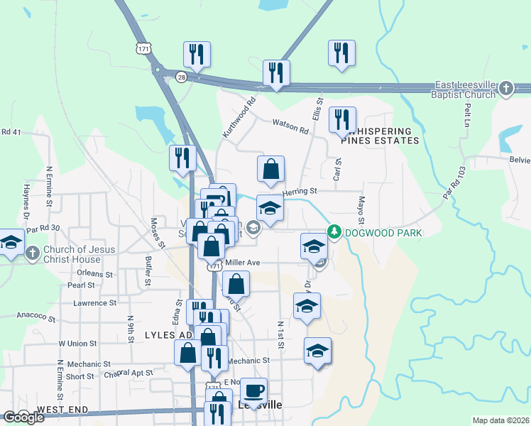map of restaurants, bars, coffee shops, grocery stores, and more near 106 Herring Street in Leesville