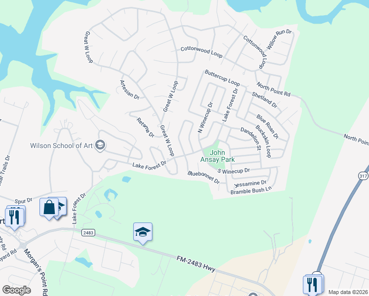 map of restaurants, bars, coffee shops, grocery stores, and more near 4 Bluebonnet Loop in Morgan's Point Resort