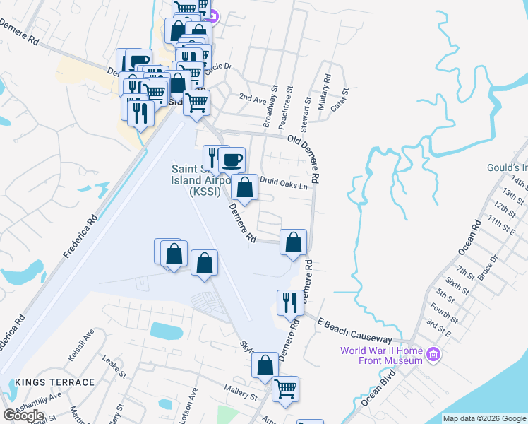 map of restaurants, bars, coffee shops, grocery stores, and more near 20 Airport Plaza in St. Simons