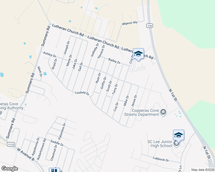 map of restaurants, bars, coffee shops, grocery stores, and more near 2205 Scott Drive in Copperas Cove