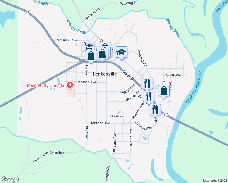 map of restaurants, bars, coffee shops, grocery stores, and more near 613-637 Capital Avenue in Leakesville