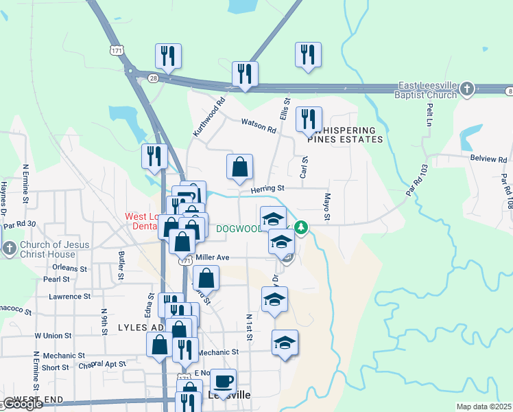 map of restaurants, bars, coffee shops, grocery stores, and more near 100-110 Ida Street in Leesville