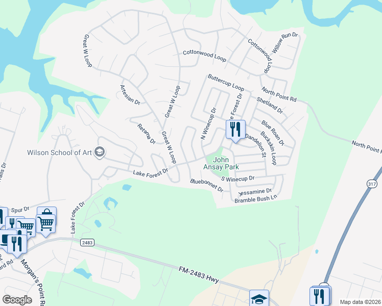 map of restaurants, bars, coffee shops, grocery stores, and more near 4 Bluebonnet Loop in Morgan's Point Resort