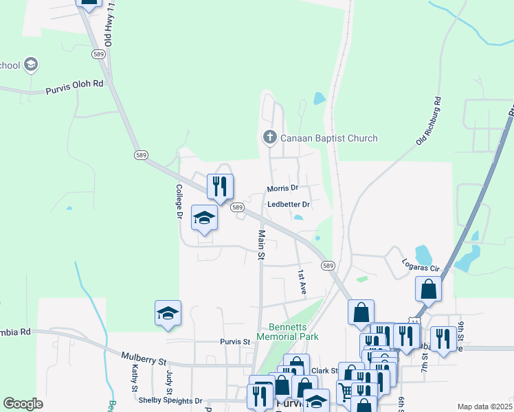 map of restaurants, bars, coffee shops, grocery stores, and more near 500 Mississippi 589 in Purvis