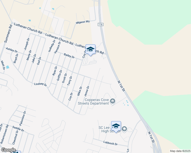 map of restaurants, bars, coffee shops, grocery stores, and more near 2308 Jesse Drive in Copperas Cove