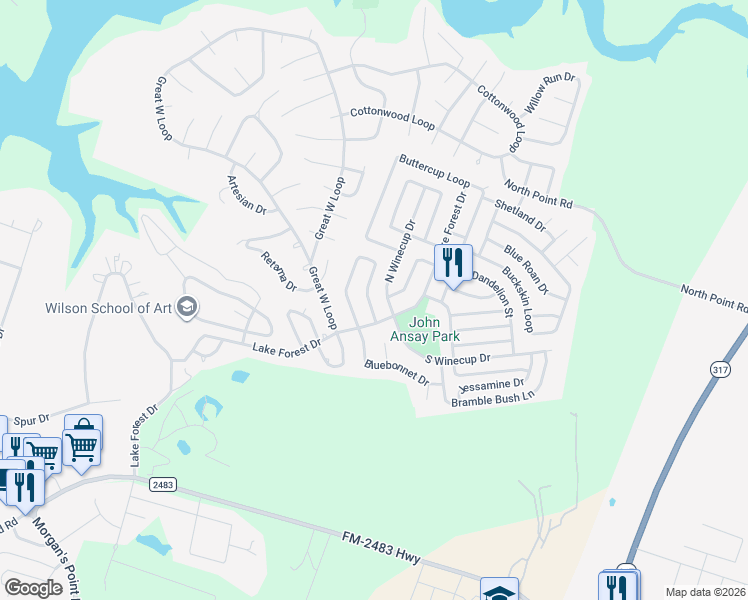 map of restaurants, bars, coffee shops, grocery stores, and more near 4 Bluebonnet Loop in Morgan's Point Resort