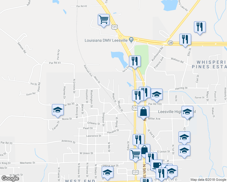 map of restaurants, bars, coffee shops, grocery stores, and more near 1100 Maple Street in Leesville