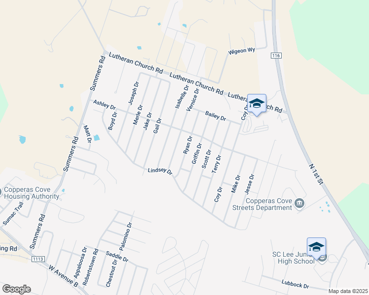 map of restaurants, bars, coffee shops, grocery stores, and more near 2303 Ryan Drive in Copperas Cove