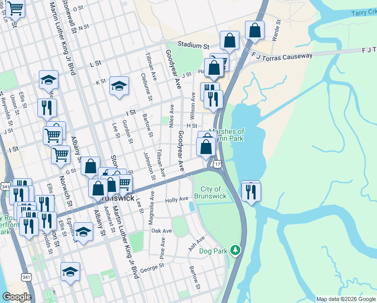 map of restaurants, bars, coffee shops, grocery stores, and more near 1701 Wilson Avenue in Brunswick