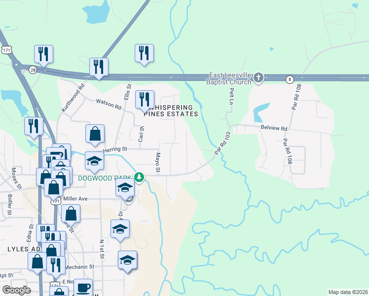 map of restaurants, bars, coffee shops, grocery stores, and more near 115 Kimberly Drive in Leesville