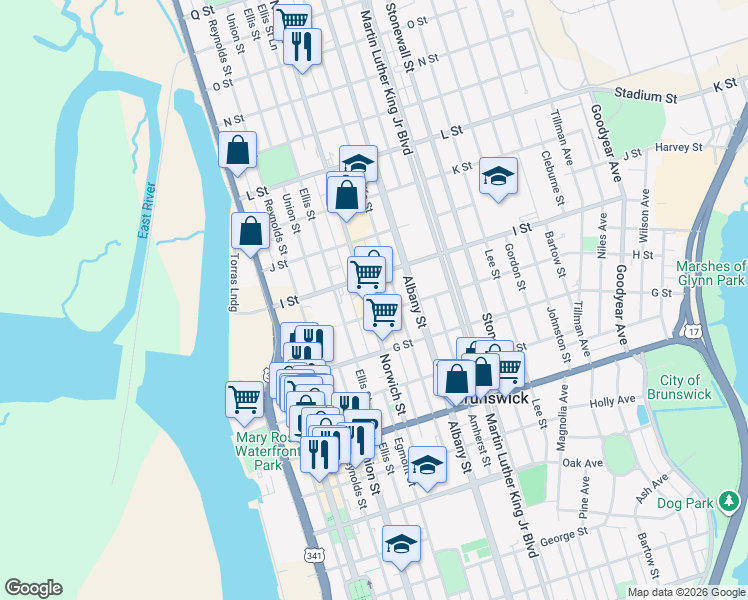 map of restaurants, bars, coffee shops, grocery stores, and more near 1821 Norwich St in Brunswick