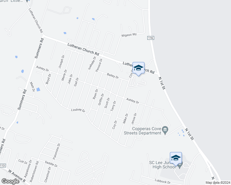 map of restaurants, bars, coffee shops, grocery stores, and more near 2401 Terry Drive in Copperas Cove