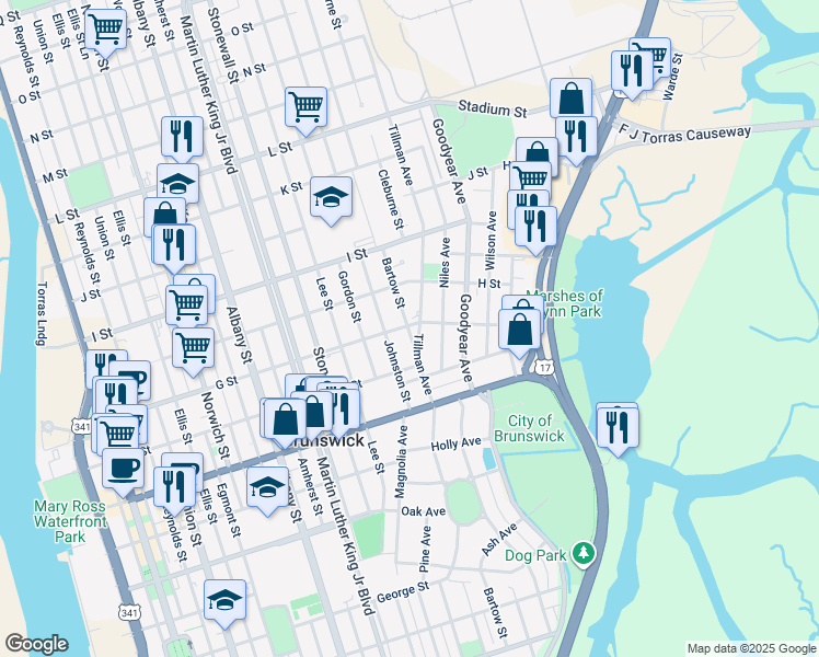 map of restaurants, bars, coffee shops, grocery stores, and more near 2000 G Street in Brunswick