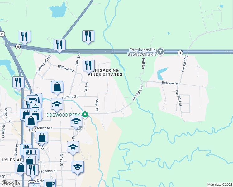 map of restaurants, bars, coffee shops, grocery stores, and more near 115 Kimberly Drive in Leesville