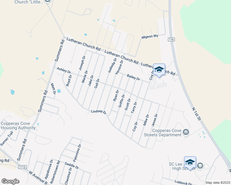 map of restaurants, bars, coffee shops, grocery stores, and more near 2303 Ryan Drive in Copperas Cove