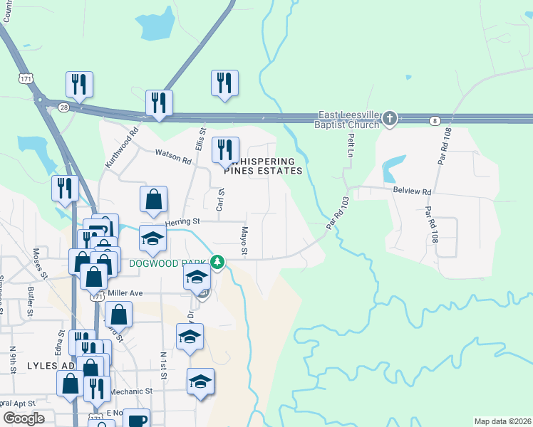 map of restaurants, bars, coffee shops, grocery stores, and more near 114 Powell Drive in Leesville