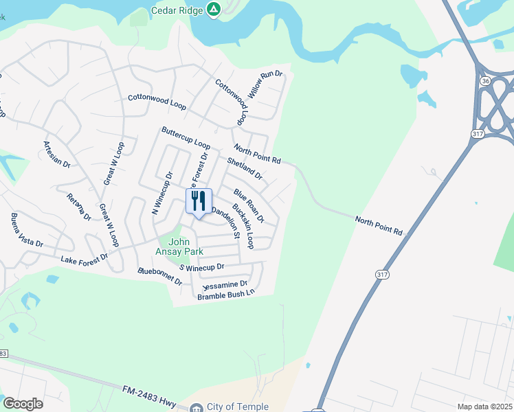 map of restaurants, bars, coffee shops, grocery stores, and more near 27 Blue Roan Drive in Belton