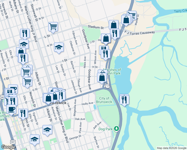 map of restaurants, bars, coffee shops, grocery stores, and more near 1701 Wilson Avenue in Brunswick