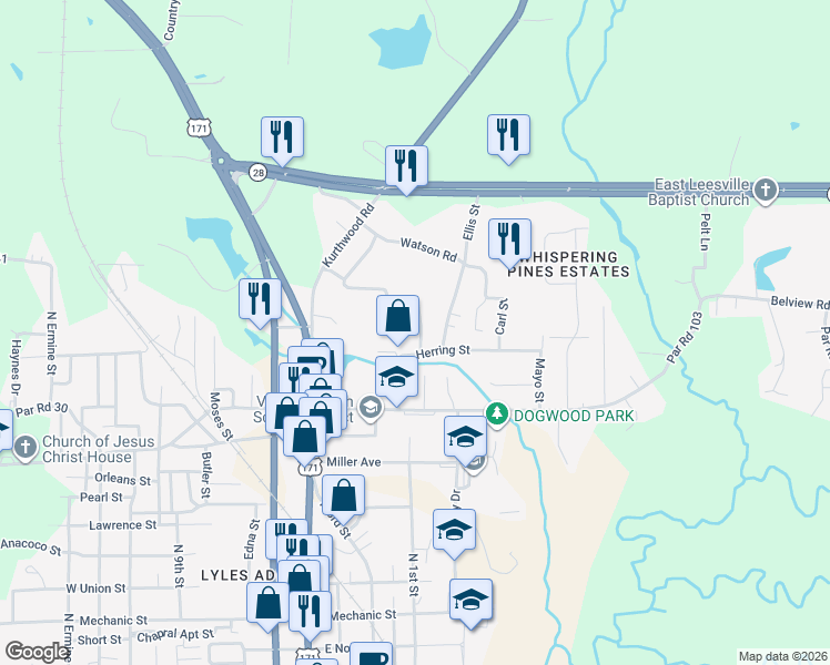 map of restaurants, bars, coffee shops, grocery stores, and more near 302 Knapp Street in Leesville