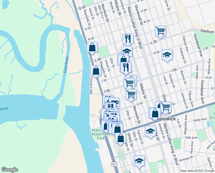 map of restaurants, bars, coffee shops, grocery stores, and more near 1911 Reynolds Street in Brunswick