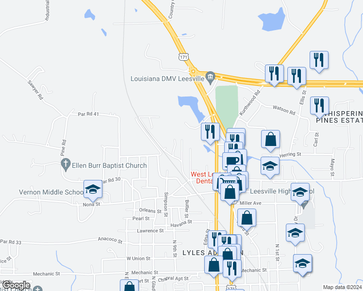 map of restaurants, bars, coffee shops, grocery stores, and more near 1303 Maple Street in Leesville