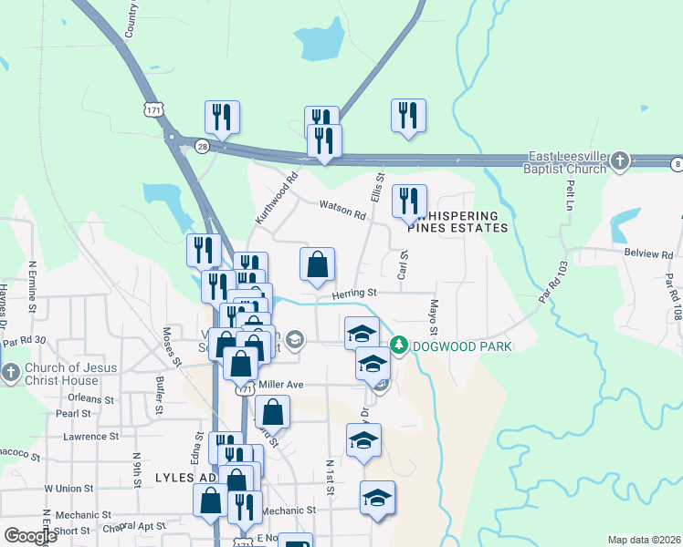 map of restaurants, bars, coffee shops, grocery stores, and more near 302 Knapp Street in Leesville