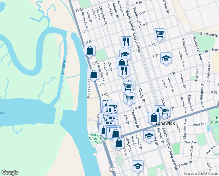 map of restaurants, bars, coffee shops, grocery stores, and more near 1911 Reynolds Street in Brunswick