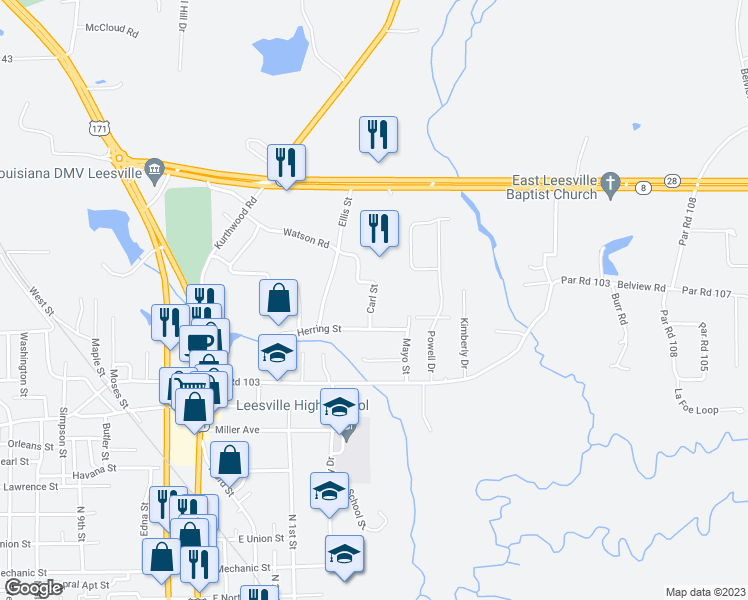 map of restaurants, bars, coffee shops, grocery stores, and more near 211 Carl Street in Leesville