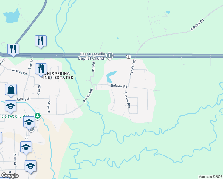 map of restaurants, bars, coffee shops, grocery stores, and more near 100-298 Burr Rd in Leesville