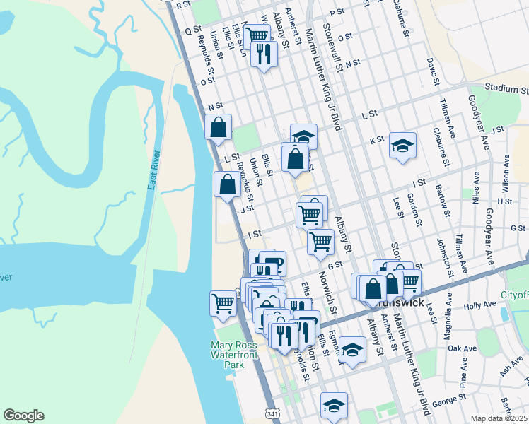 map of restaurants, bars, coffee shops, grocery stores, and more near 2010 Reynolds Street in Brunswick