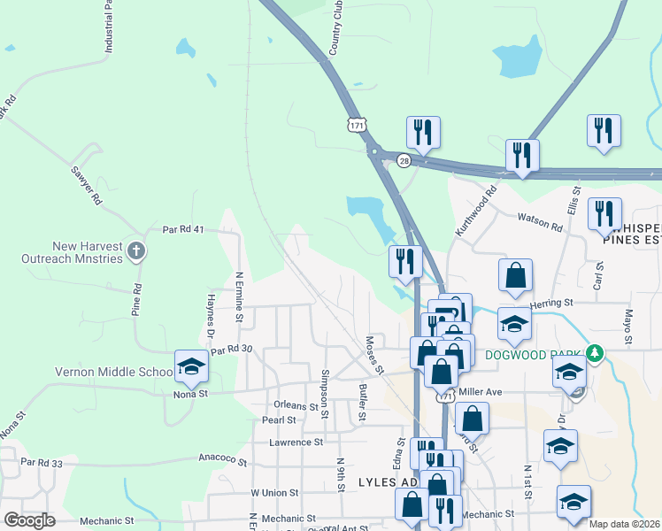 map of restaurants, bars, coffee shops, grocery stores, and more near 1596 Glen Harris Road in Leesville