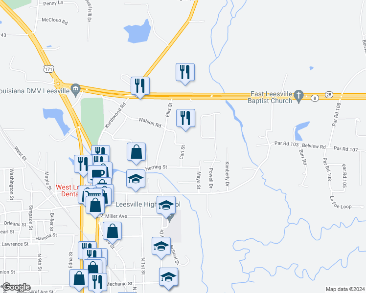 map of restaurants, bars, coffee shops, grocery stores, and more near 224 Carl Street in Leesville