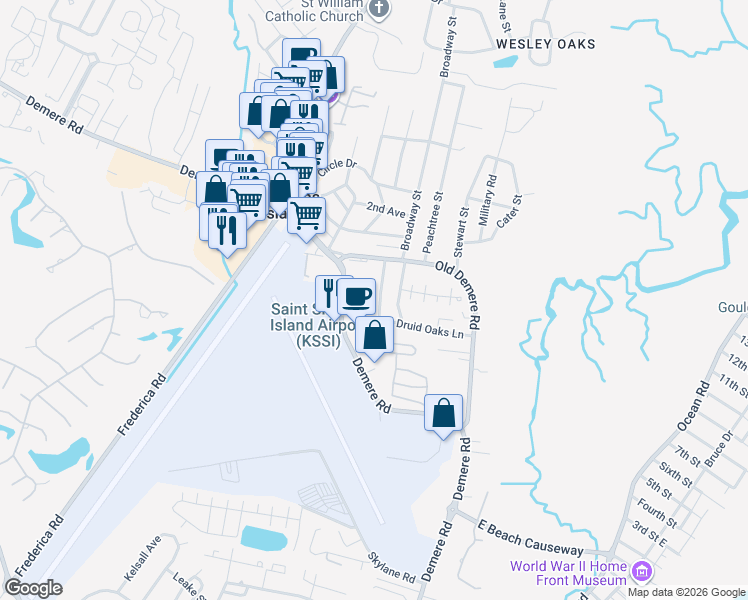 map of restaurants, bars, coffee shops, grocery stores, and more near 109 Highland Avenue in St. Simons Island
