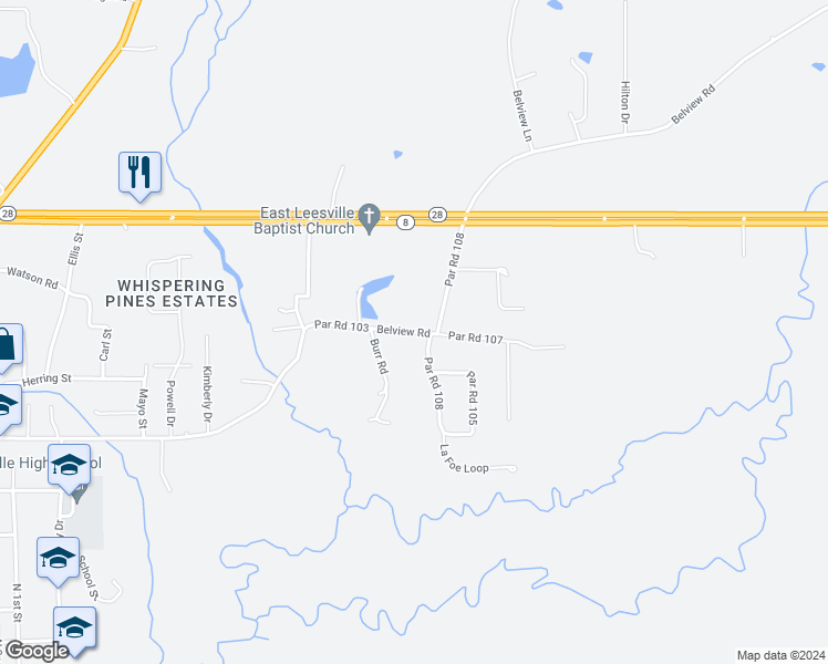 map of restaurants, bars, coffee shops, grocery stores, and more near 1171 Belview Road in Leesville