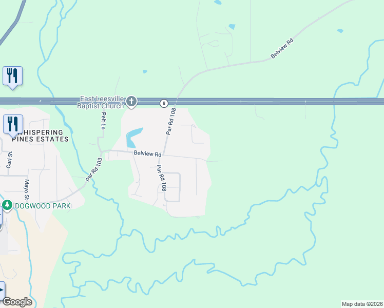 map of restaurants, bars, coffee shops, grocery stores, and more near 175 Par Road 107 in Leesville