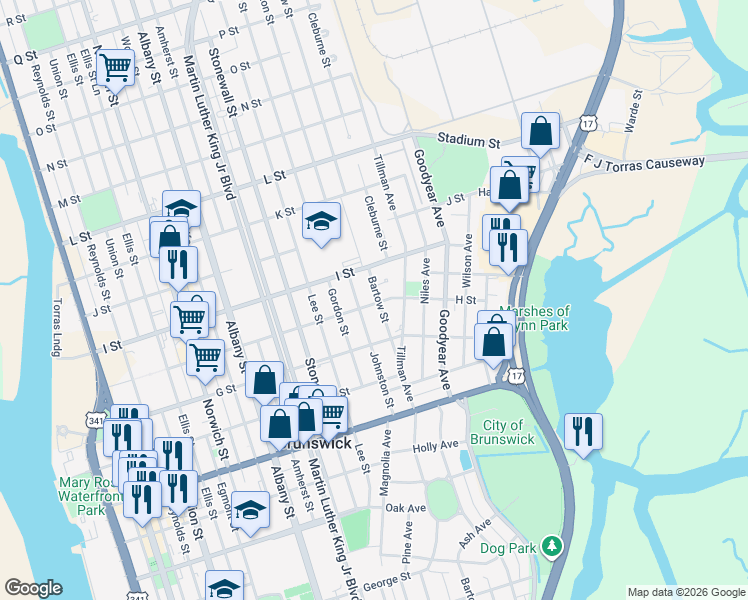 map of restaurants, bars, coffee shops, grocery stores, and more near 1913 H Street in Brunswick