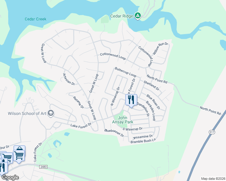 map of restaurants, bars, coffee shops, grocery stores, and more near 15 Golden Poppy Loop in Morgan's Point Resort