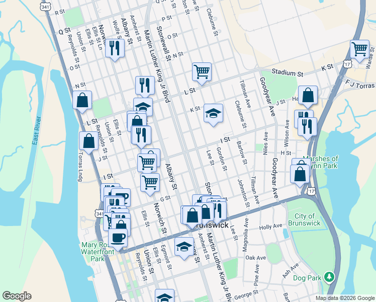 map of restaurants, bars, coffee shops, grocery stores, and more near 1510 I Street in Brunswick