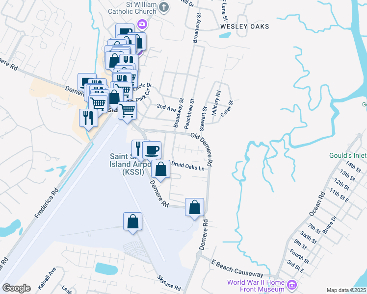 map of restaurants, bars, coffee shops, grocery stores, and more near 107 Grand Oaks Lane in St. Simons Island