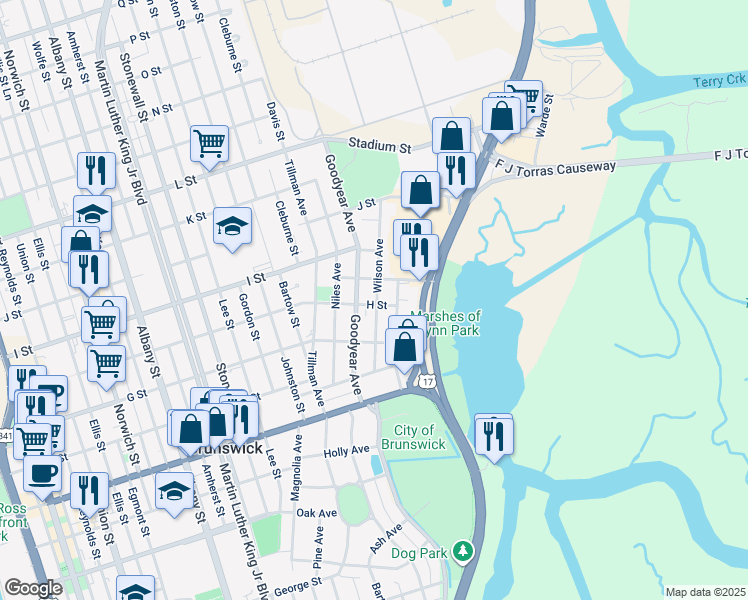 map of restaurants, bars, coffee shops, grocery stores, and more near 1803 Wilson Avenue in Brunswick
