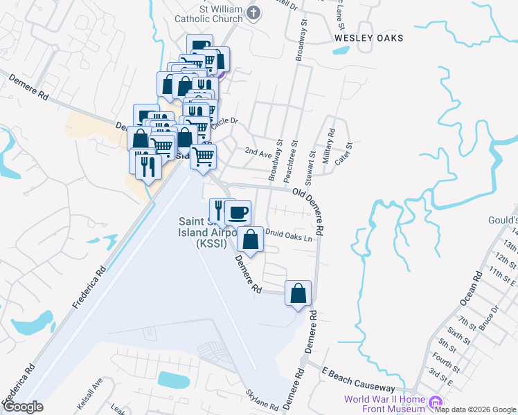 map of restaurants, bars, coffee shops, grocery stores, and more near 109 Highland Avenue in St. Simons Island