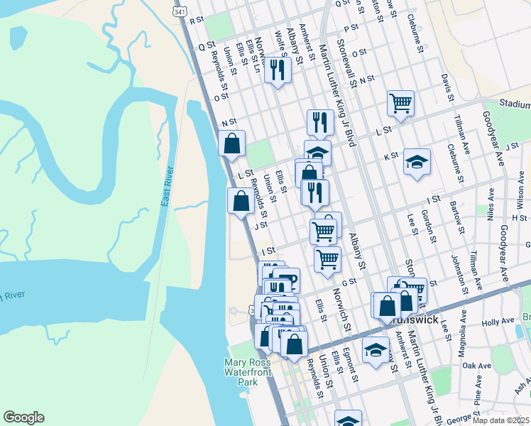 map of restaurants, bars, coffee shops, grocery stores, and more near 2010 Reynolds Street in Brunswick