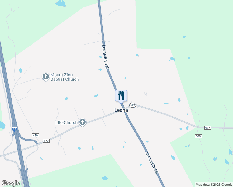 map of restaurants, bars, coffee shops, grocery stores, and more near Highway 75 in Leona