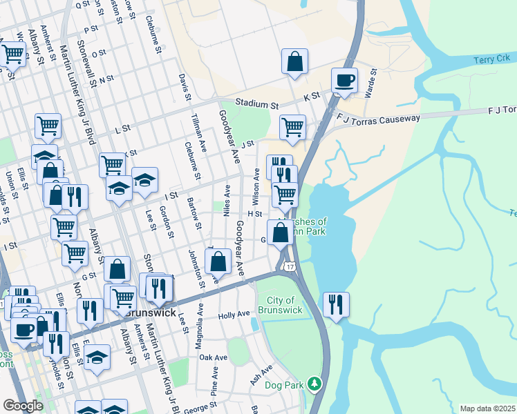 map of restaurants, bars, coffee shops, grocery stores, and more near 1803 Wilson Avenue in Brunswick