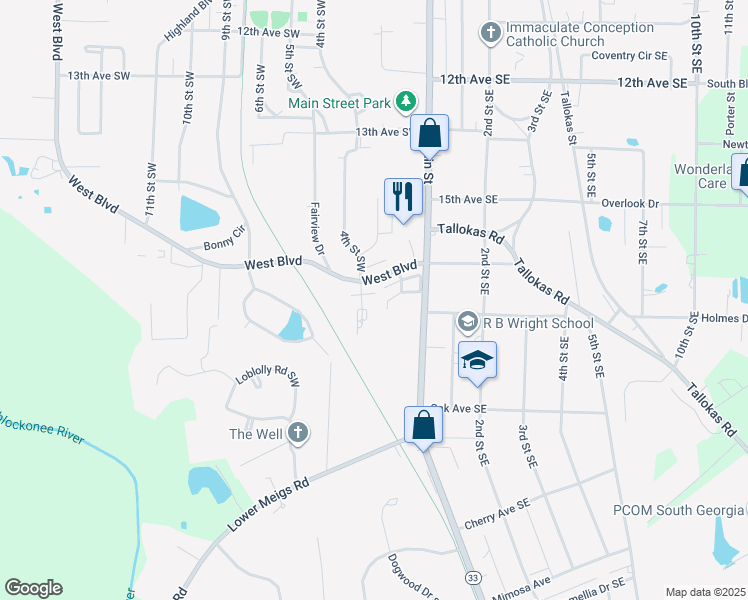 map of restaurants, bars, coffee shops, grocery stores, and more near 1723 Villa Drive Southwest in Moultrie