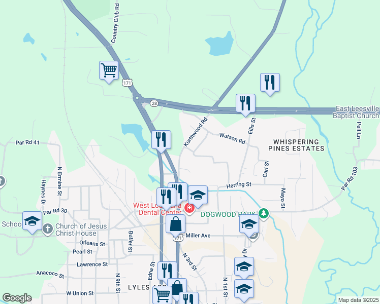map of restaurants, bars, coffee shops, grocery stores, and more near 64 Francis Avenue in Leesville