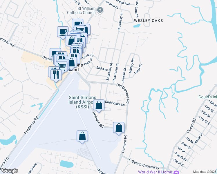 map of restaurants, bars, coffee shops, grocery stores, and more near 107 Grand Oaks Lane in St. Simons Island