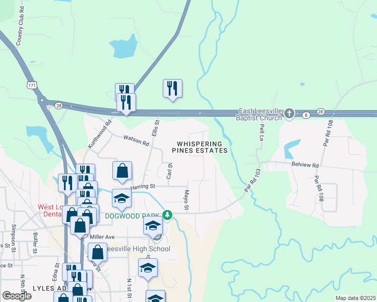 map of restaurants, bars, coffee shops, grocery stores, and more near 112 Whispering Pines Loop in Leesville