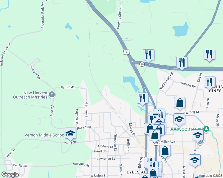 map of restaurants, bars, coffee shops, grocery stores, and more near 1596 Glen Harris Road in Leesville