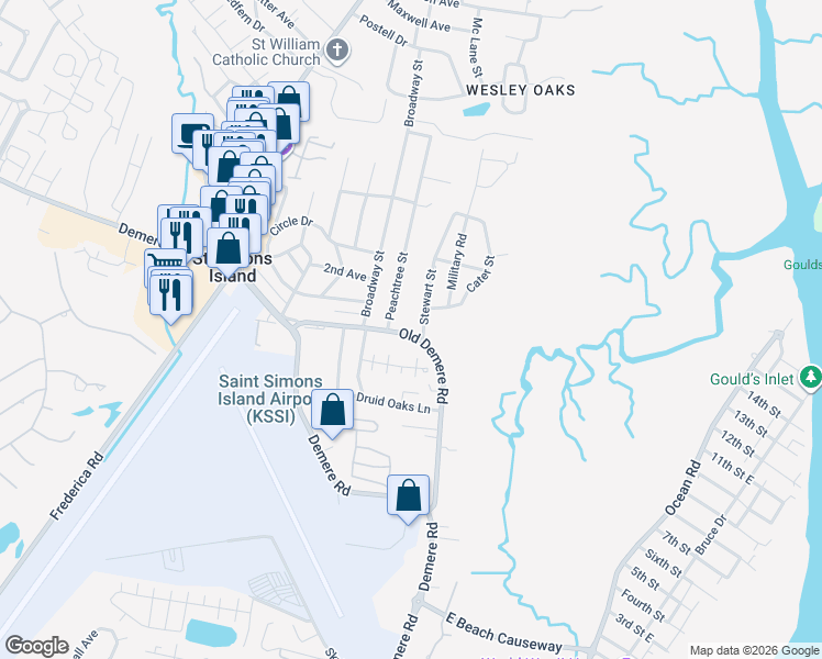map of restaurants, bars, coffee shops, grocery stores, and more near 103 Stewart Street in St. Simons Island